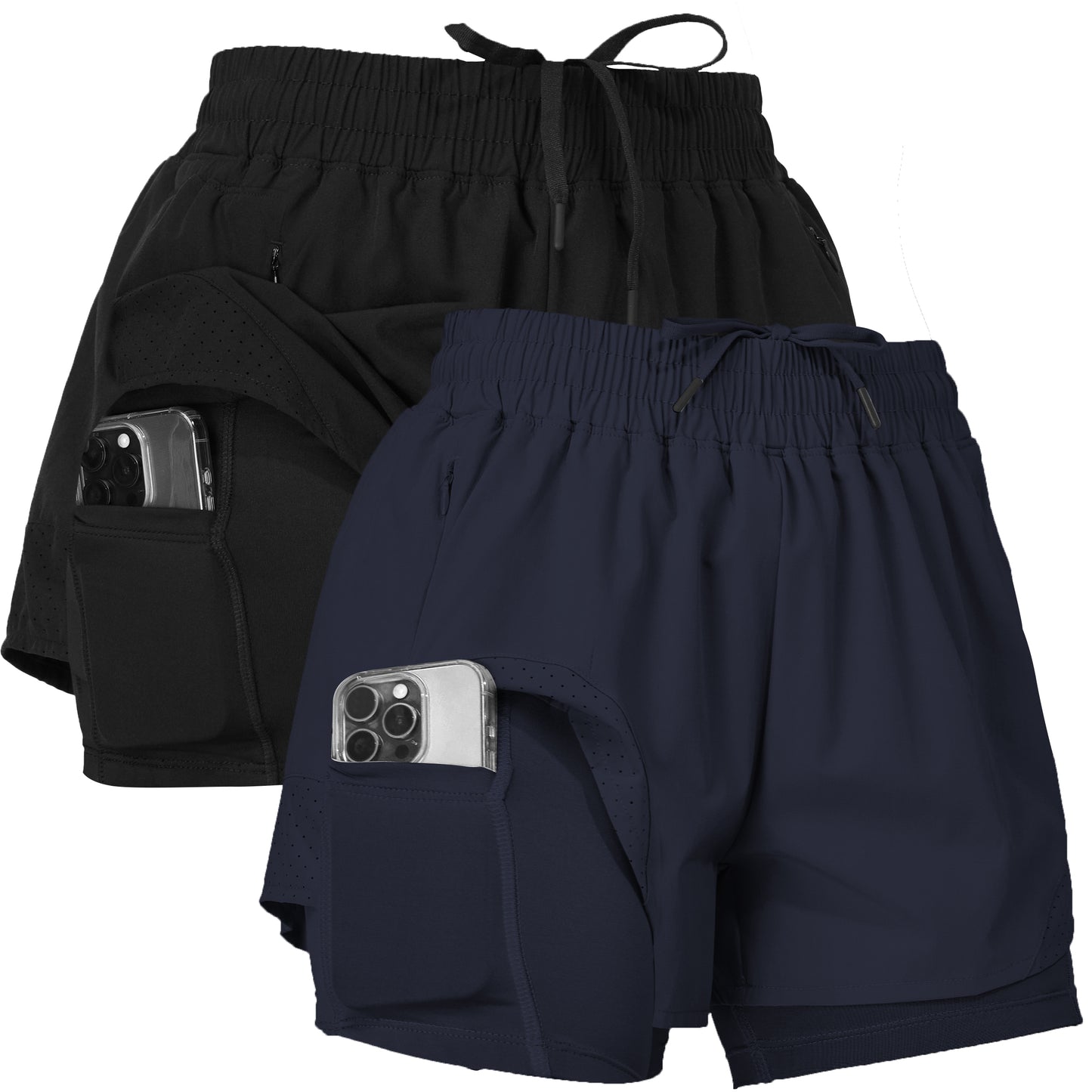 Women's Gym Shorts with Compression Brief Liner and Phone Pocket, 2 Pack