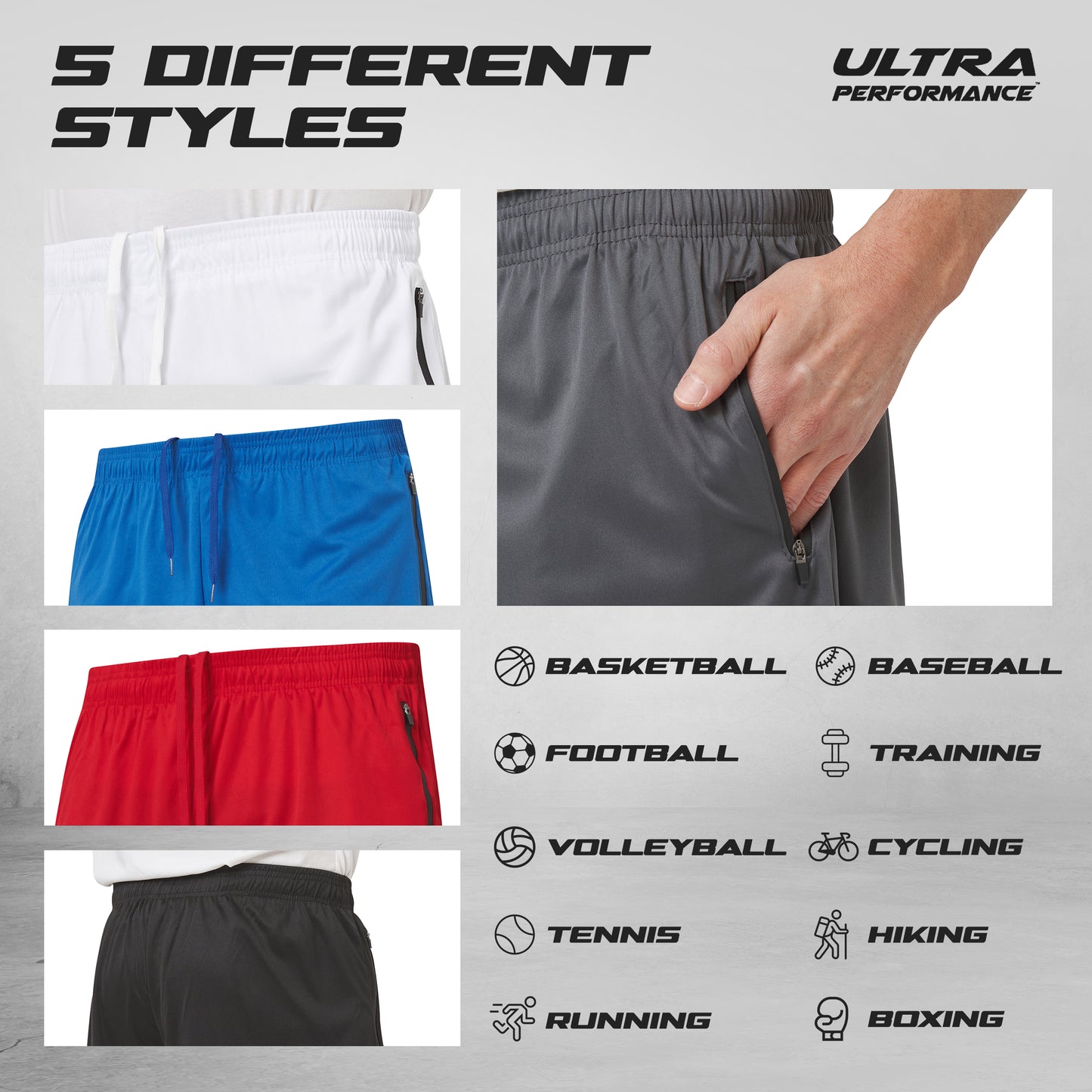 Men's Gym Shorts with Zippered Pockets, 5 Pack
