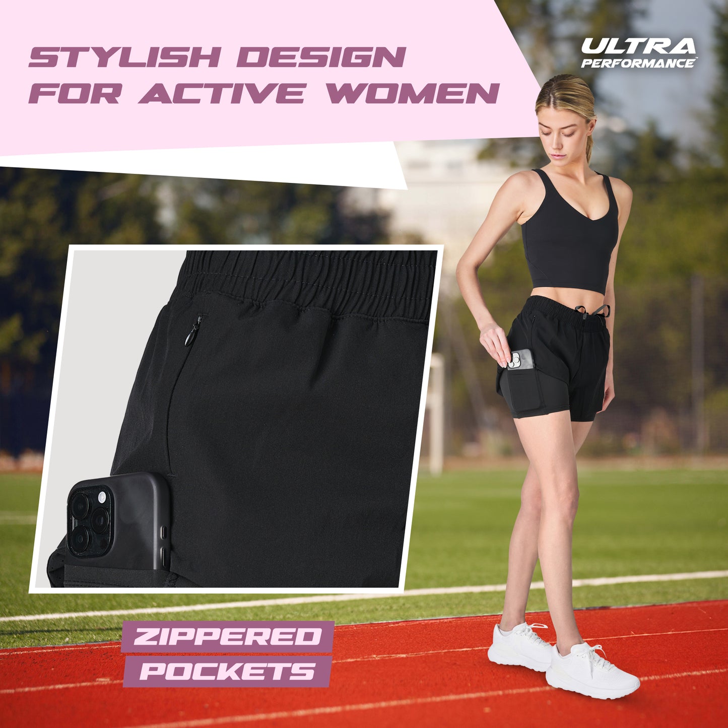 Women's Gym Shorts with Compression Brief Liner and Phone Pocket, 2 Pack