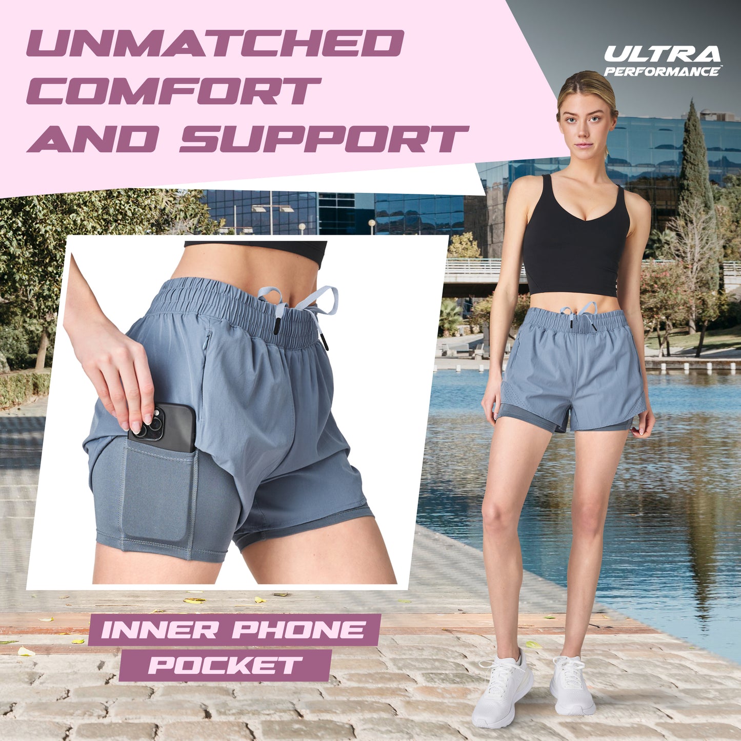 Women's Gym Shorts with Compression Brief Liner and Phone Pocket, 2 Pack