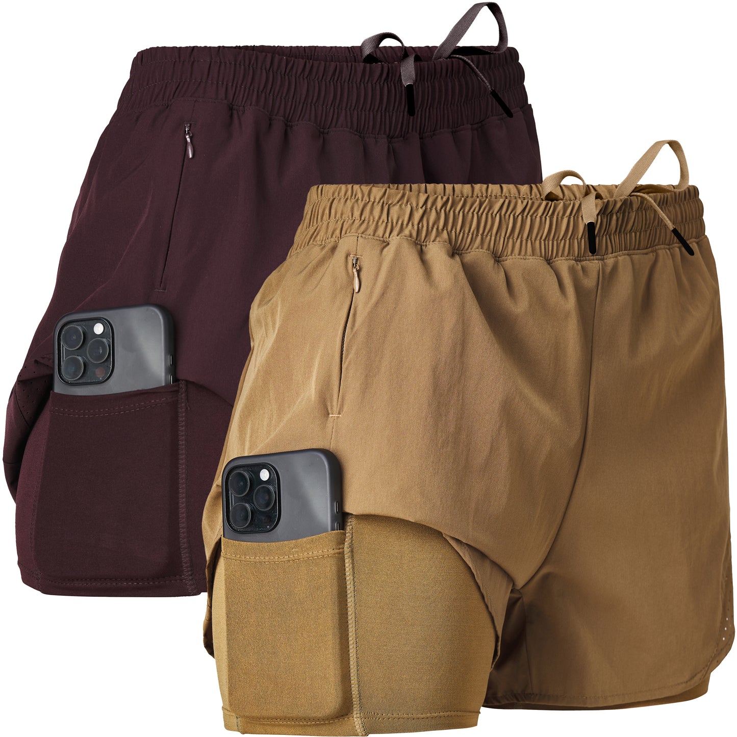 Women's Gym Shorts with Compression Brief Liner and Phone Pocket, 2 Pack