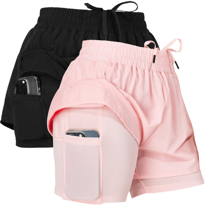 Women's Gym Shorts with Compression Brief Liner and Phone Pocket, 2 Pack