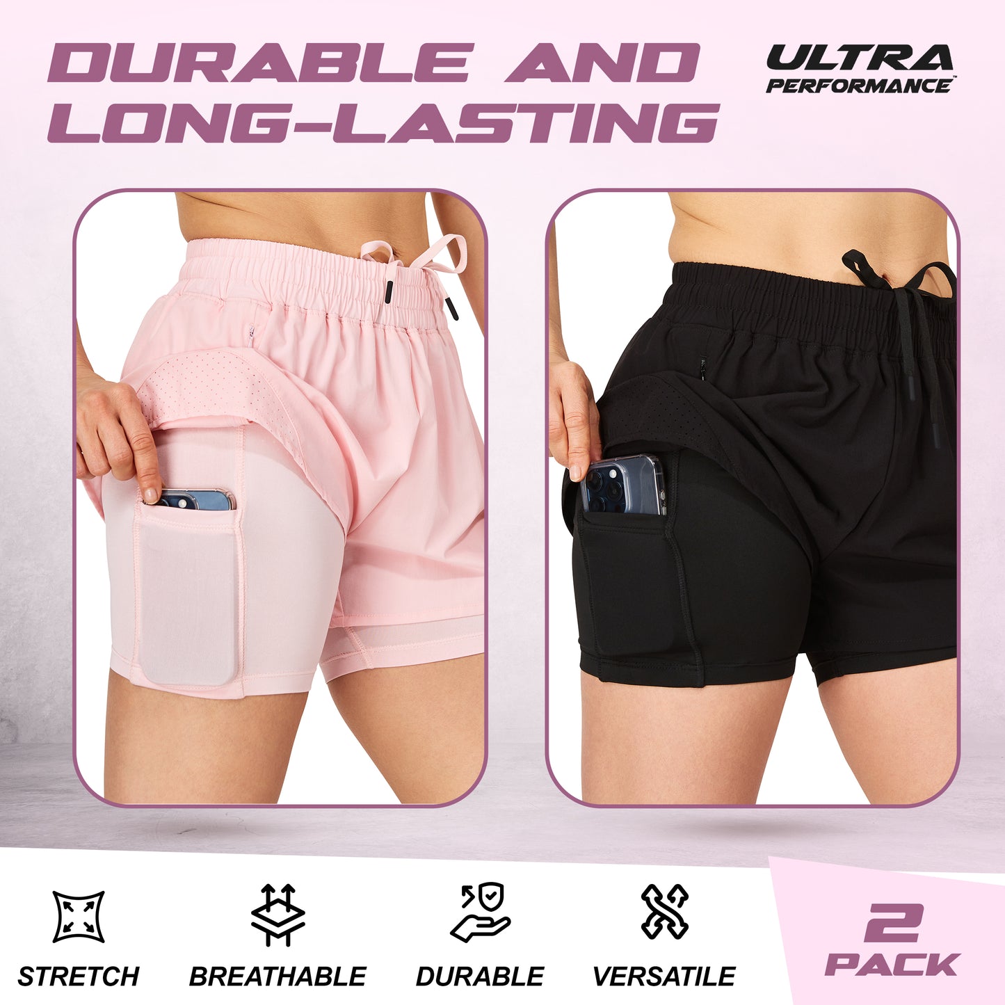 Women's Gym Shorts with Compression Brief Liner and Phone Pocket, 2 Pack