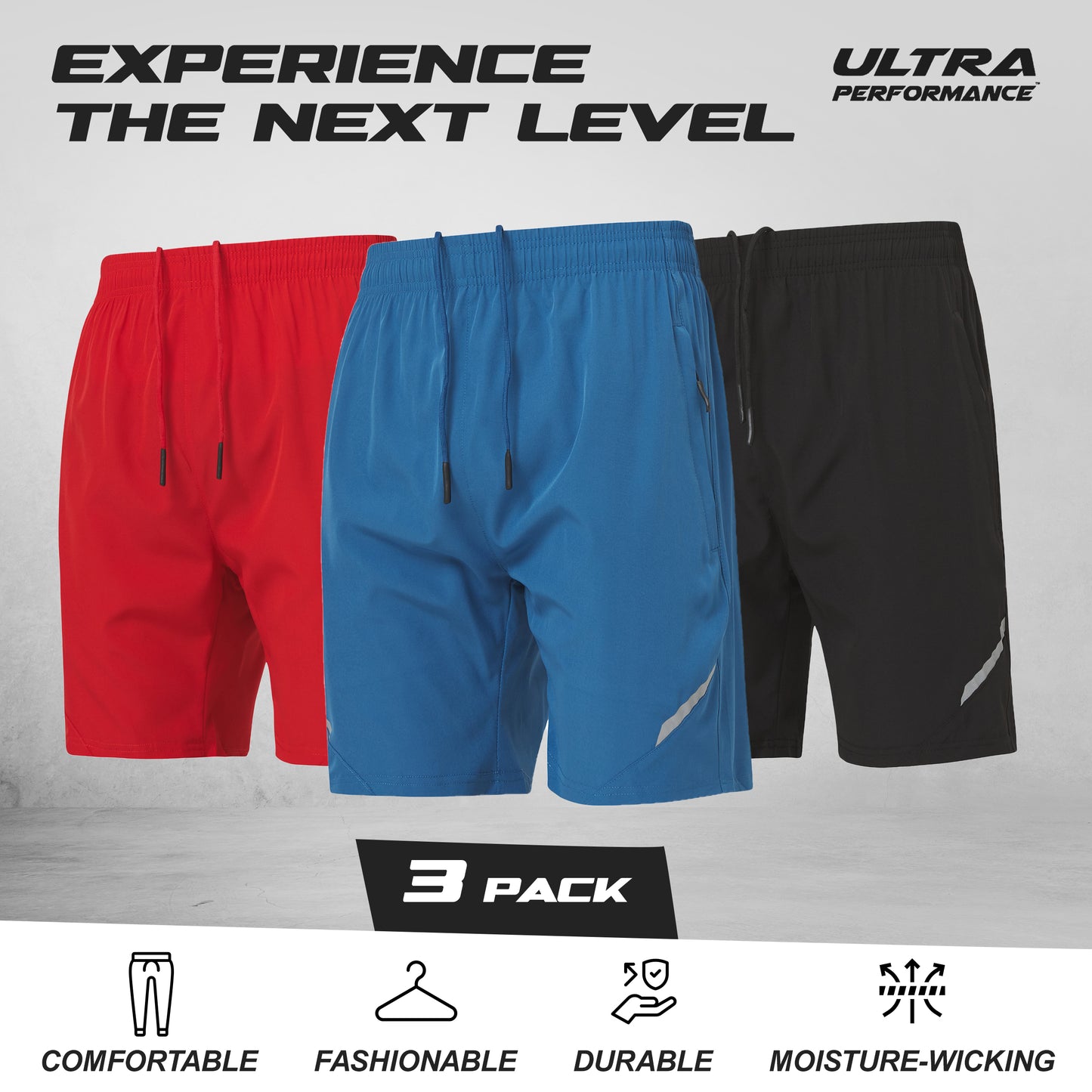 Men's Nylon Running Shorts with Zipper Pockets, 3 Pack